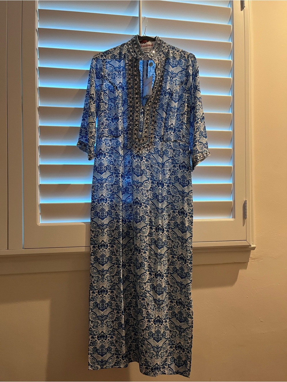 NicoBlu Jeweled Beading Blue & White Floral 3/4 Sleeve Dress